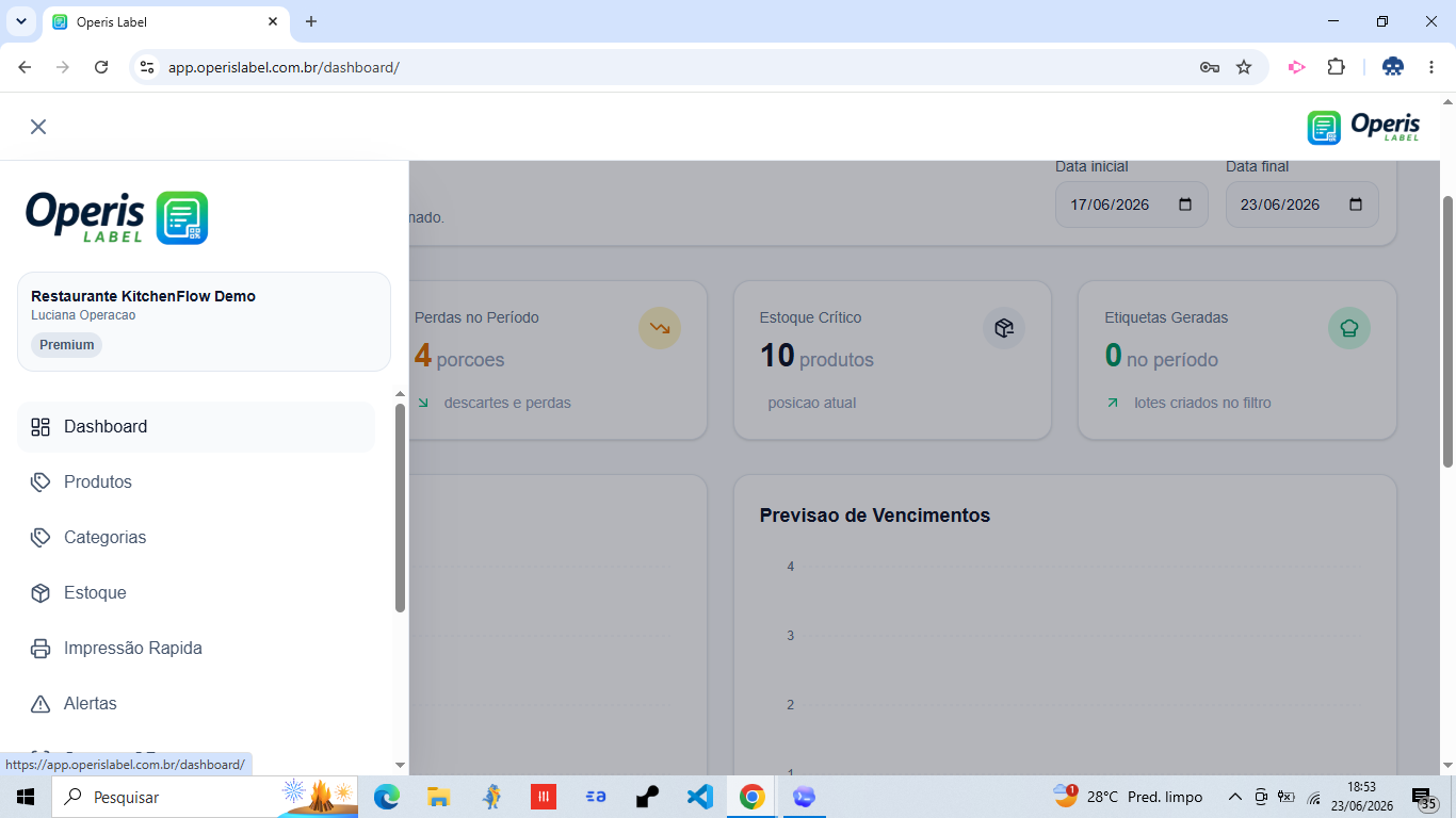 Dashboard web do Operis Label no computador