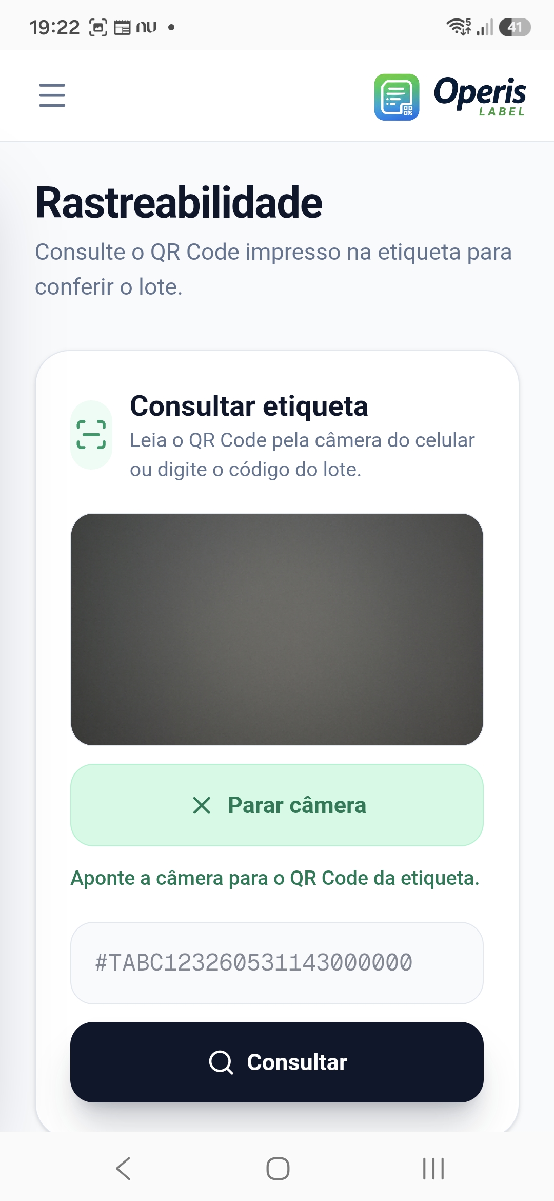 Tela mobile de rastreabilidade por QR Code