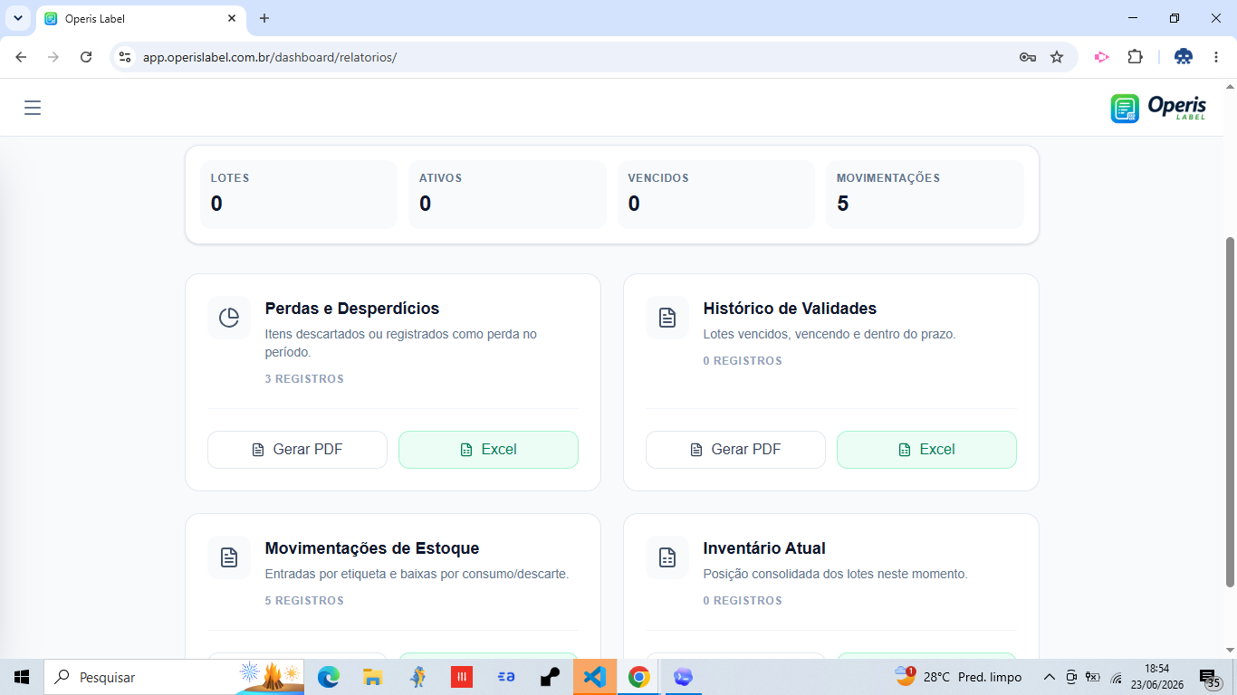 Tela web de relatórios do Operis Label
